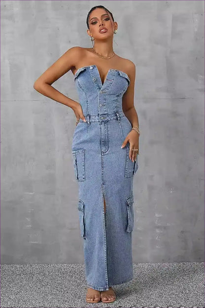 Strapless Denim Maxi Dress – Edgy & Chic for Bodycon, Casual, Denim, Dress,