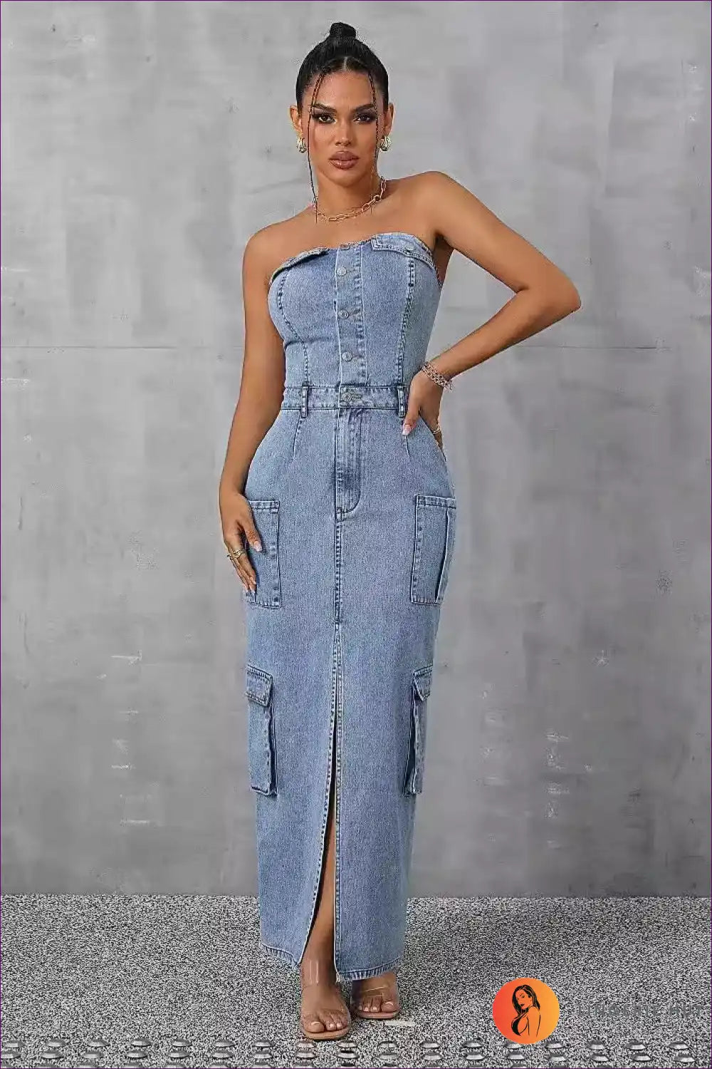 Strapless Denim Maxi Dress – Edgy & Chic for Bodycon, Casual, Denim, Dress,