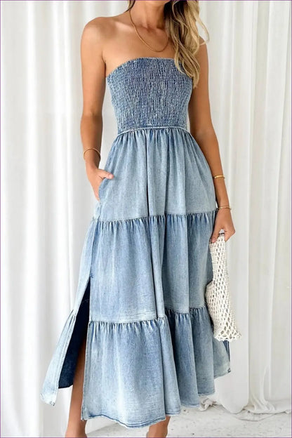 Strapless Denim Midi Dress - Effortless Summer Elegance - Dresses - Lingerie Hut - A-line • Casual • Cotton • Cutout