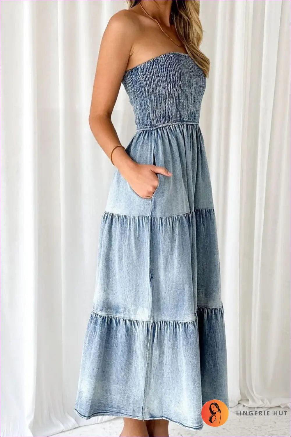 Strapless Denim Midi Dress - Effortless Summer Elegance - Dresses - Lingerie Hut - A-line • Casual • Cotton • Cutout