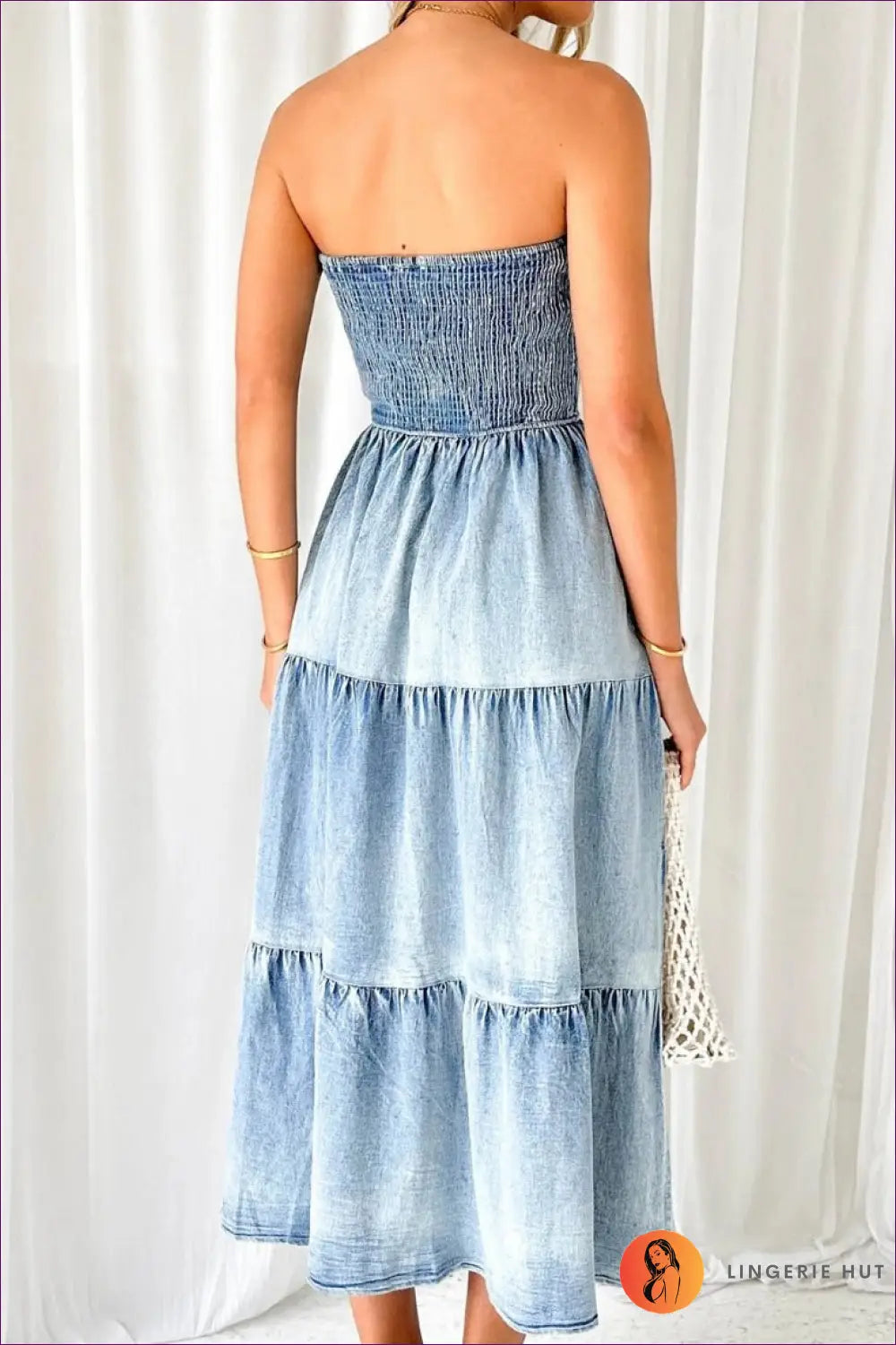 Strapless Denim Midi Dress - Effortless Summer Elegance - Dresses - Lingerie Hut - A-line • Casual • Cotton • Cutout