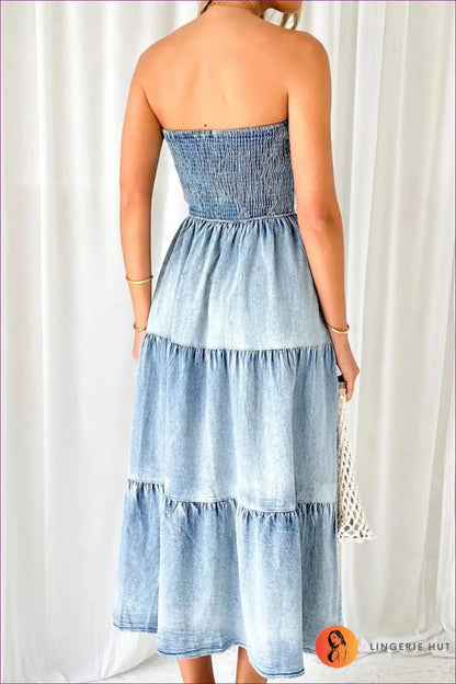 Strapless Denim Midi Dress - Effortless Summer Elegance - Dresses - Lingerie Hut - A-line • Casual • Cotton • Cutout