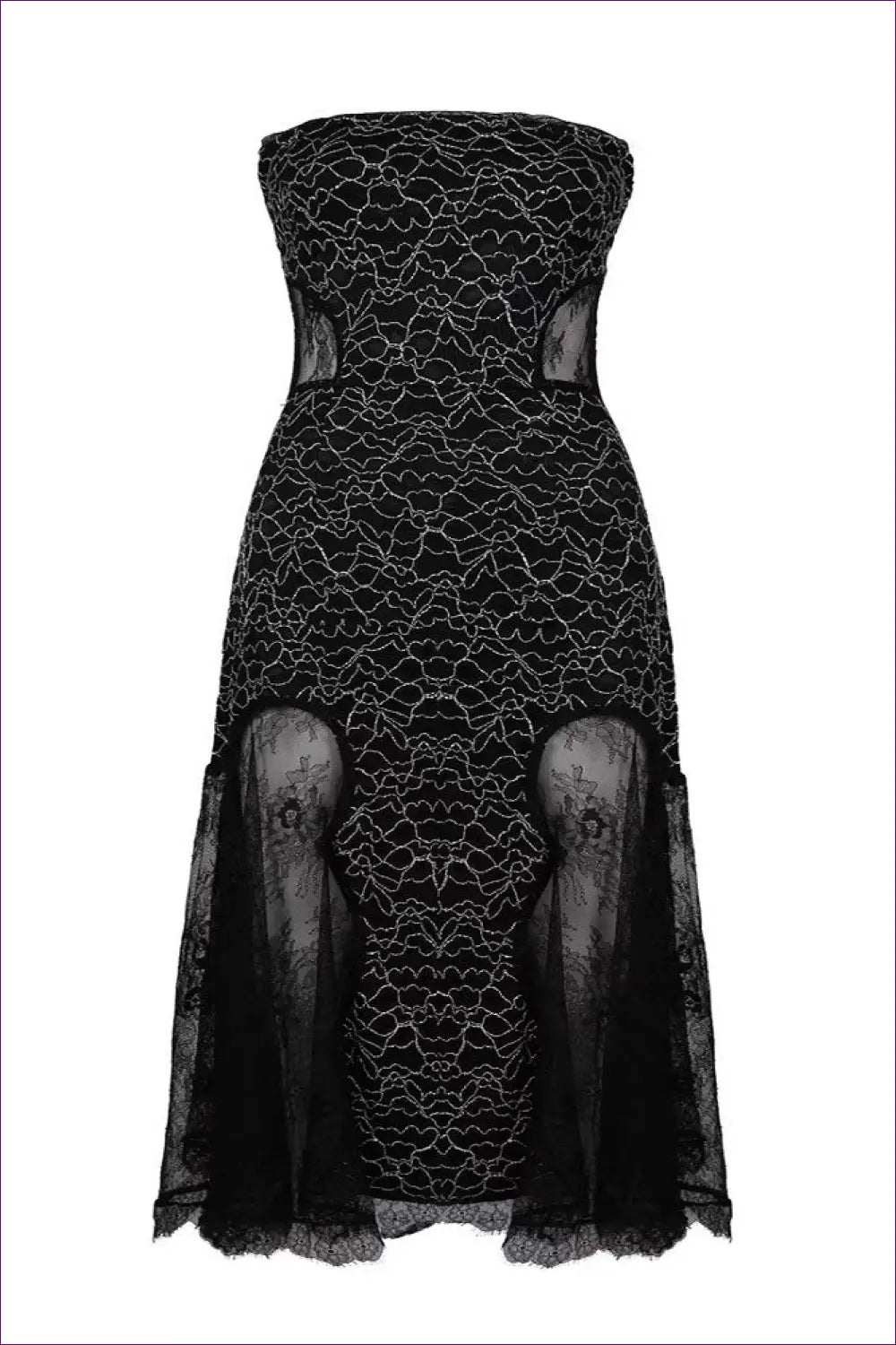Strapless Midi Dress with Lace Panels - Understated Glamour - Dresses - All Season • Cutout • Evening Wear • Formal