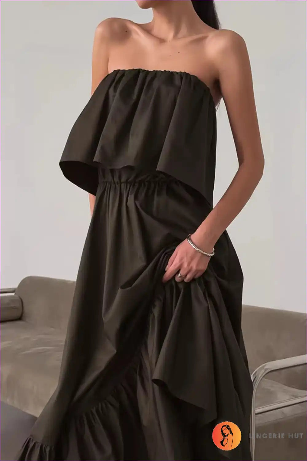 Strapless Dress with Ruffle Detail - Effortless Elegance for A-line, Autumn, Backless, Dress, Evening Wear