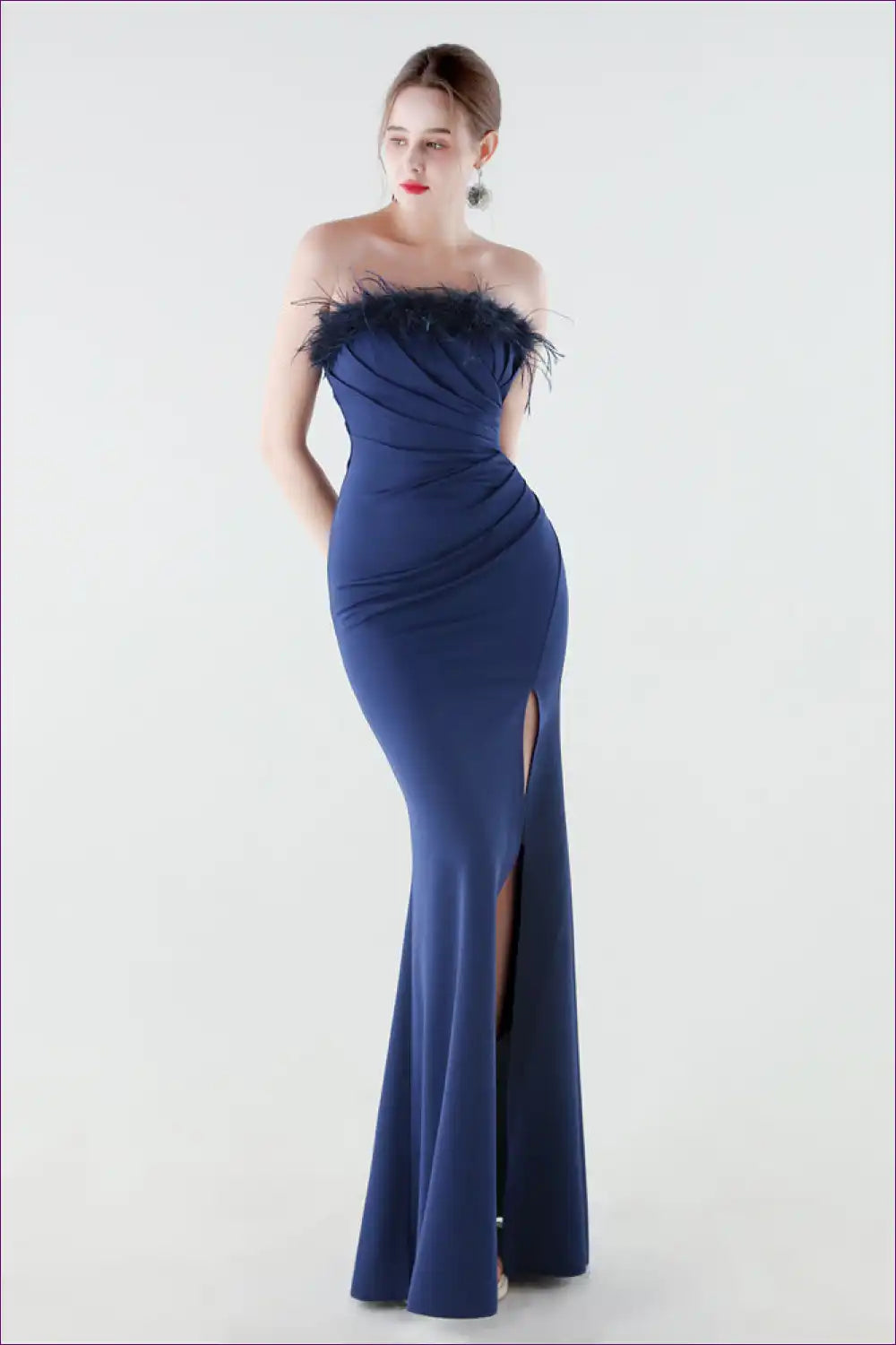 Strapless Feather Trim Maxi Dress with Fishtail Evening Fit for Evening Wear, Formal Glamour, just In,