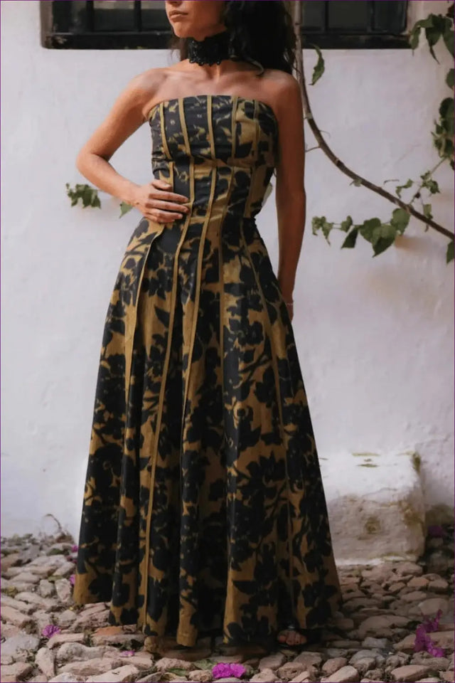 Strapless Floral Maxi Dress with Corset Detail - Evening Elegance