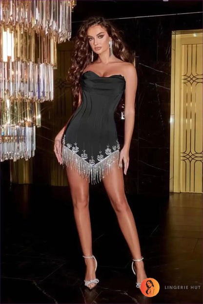Strapless Fringe Mini Dress - Corset Bodice - s / Black - Bodycon • Elegant • just in - Girlsdy