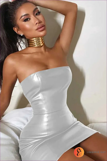 Strapless Leather Mini Dress with Tube Bodice - Bold and Backless - Silver Pu / s - just in • Lingerie - Hut