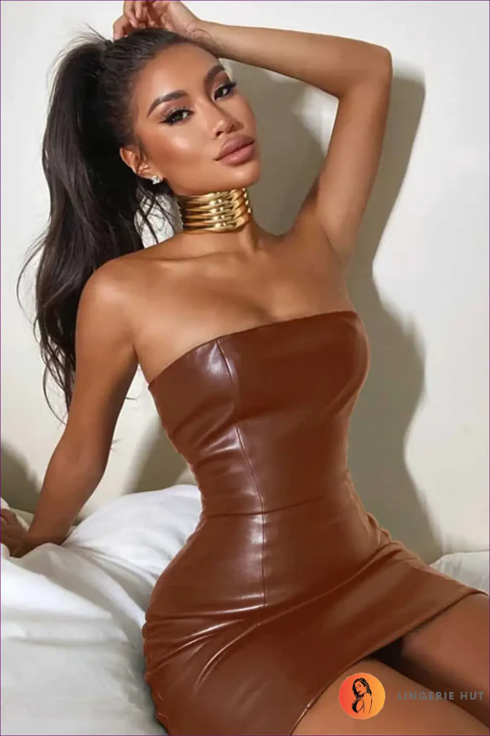 Strapless Leather Mini Dress with Tube Bodice - Bold and Backless - Brown Pu / s - just in • Lingerie - Hut