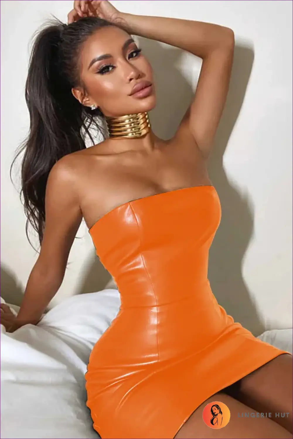 Strapless Leather Mini Dress with Tube Bodice - Bold and Backless - Orange Pu / s - just in • Lingerie - Hut