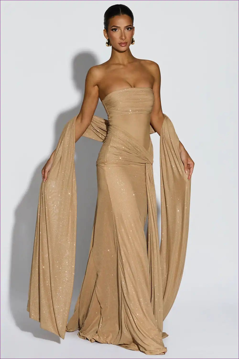 Strapless Maxi Dress with Draped Scarf - Evening Icon Energy for All Season, Backless, Bodycon, Cutout,