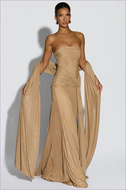 Strapless Maxi Dress with Draped Scarf - Evening Icon Energy for All Season, Backless, Bodycon, Cutout,