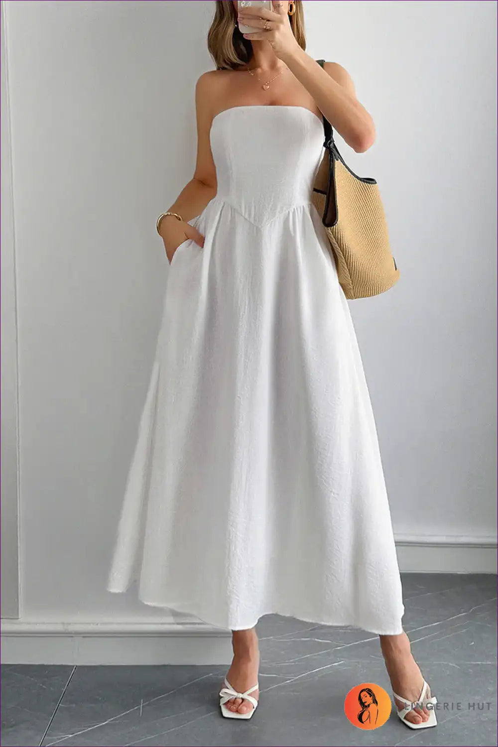 Strapless Maxi Dress with Flared Skirt - Effortless Summer Ritual for A-line, Backless, Casual, Dress,