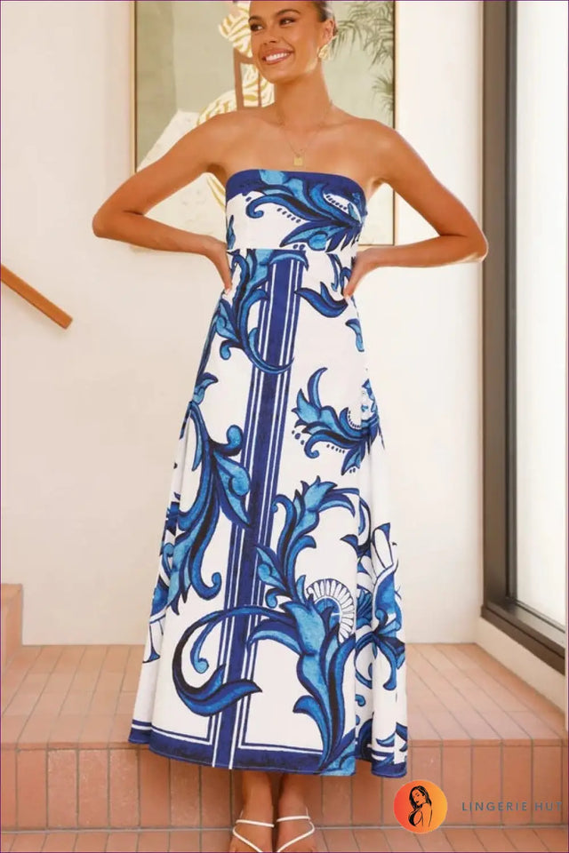 Strapless Maxi Dress with Placement Print - Artistic Summer Escape