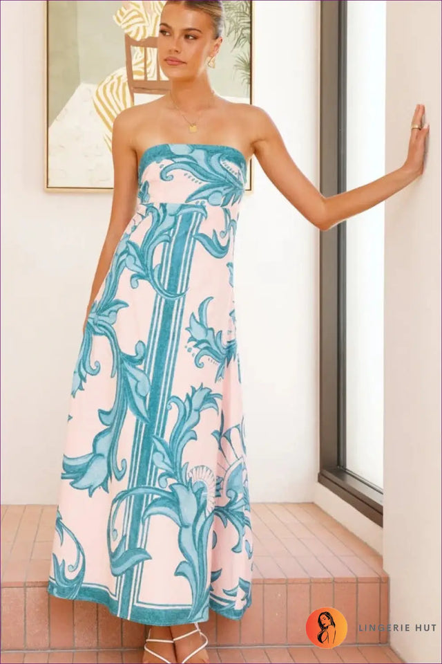 Strapless Maxi Dress with Placement Print - Artistic Summer Escape