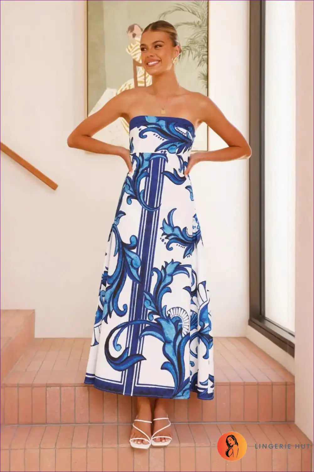 Strapless Maxi Dress with Placement Print - Artistic Summer Escape for a Line, Boho, Casual, Everyday, Floral