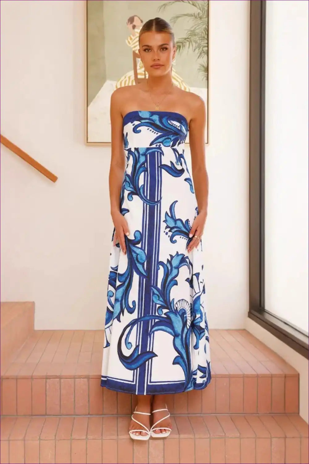 Strapless Maxi Dress with Placement Print - Artistic Summer Escape for a Line, Boho, Casual, Everyday, Floral