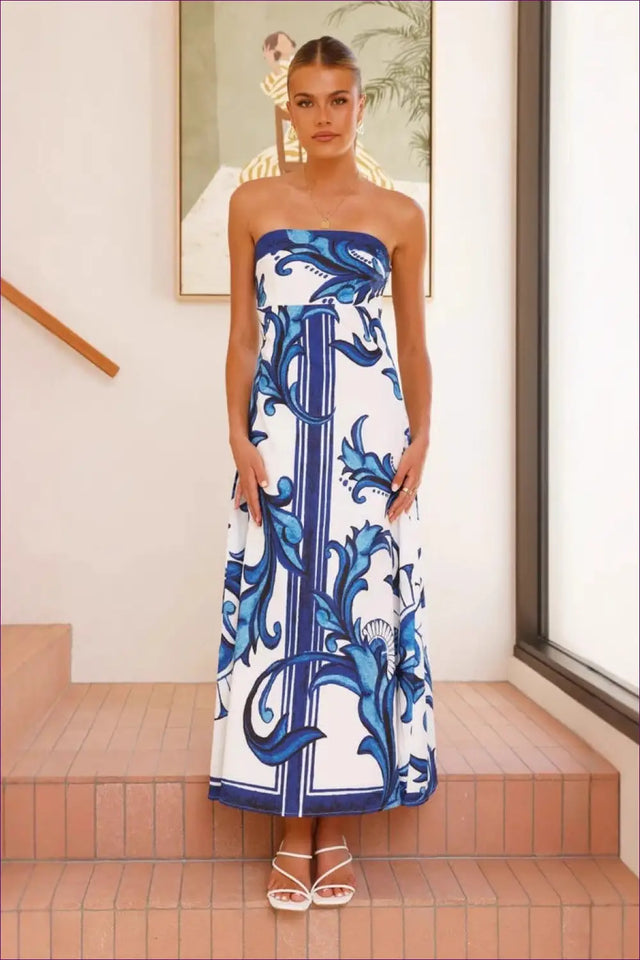 Strapless Maxi Dress with Placement Print - Artistic Summer Escape