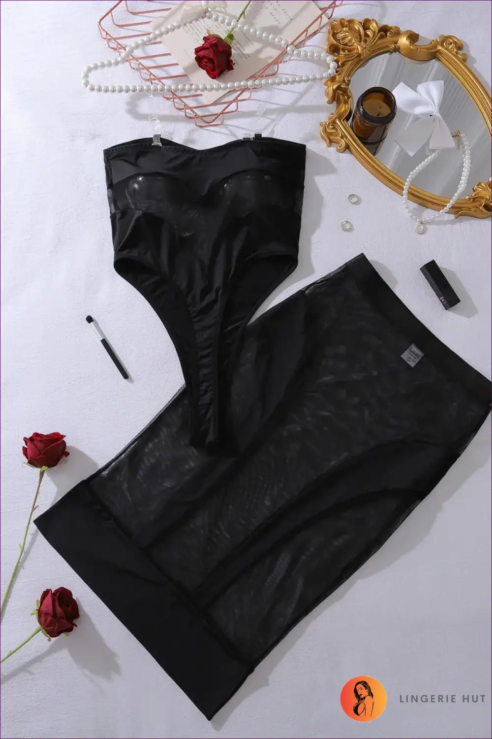 Strapless Mesh Bodysuit with Panel Detail - After-dark Drama - Black / s - All Season • Bandeau • Bodycon • Boudoir
