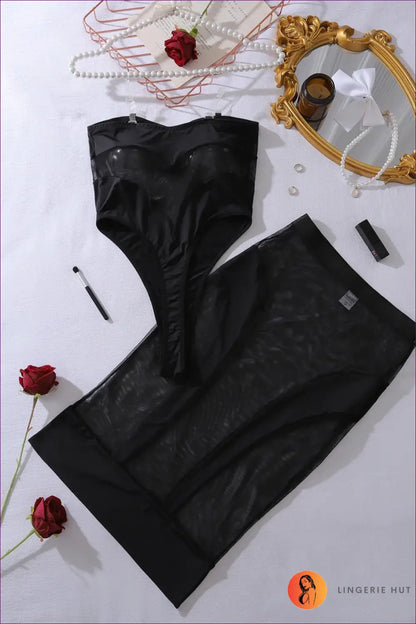 Strapless Mesh Bodysuit with Panel Detail - After-dark Drama - Black / s - All Season • Bandeau • Bodycon • Boudoir