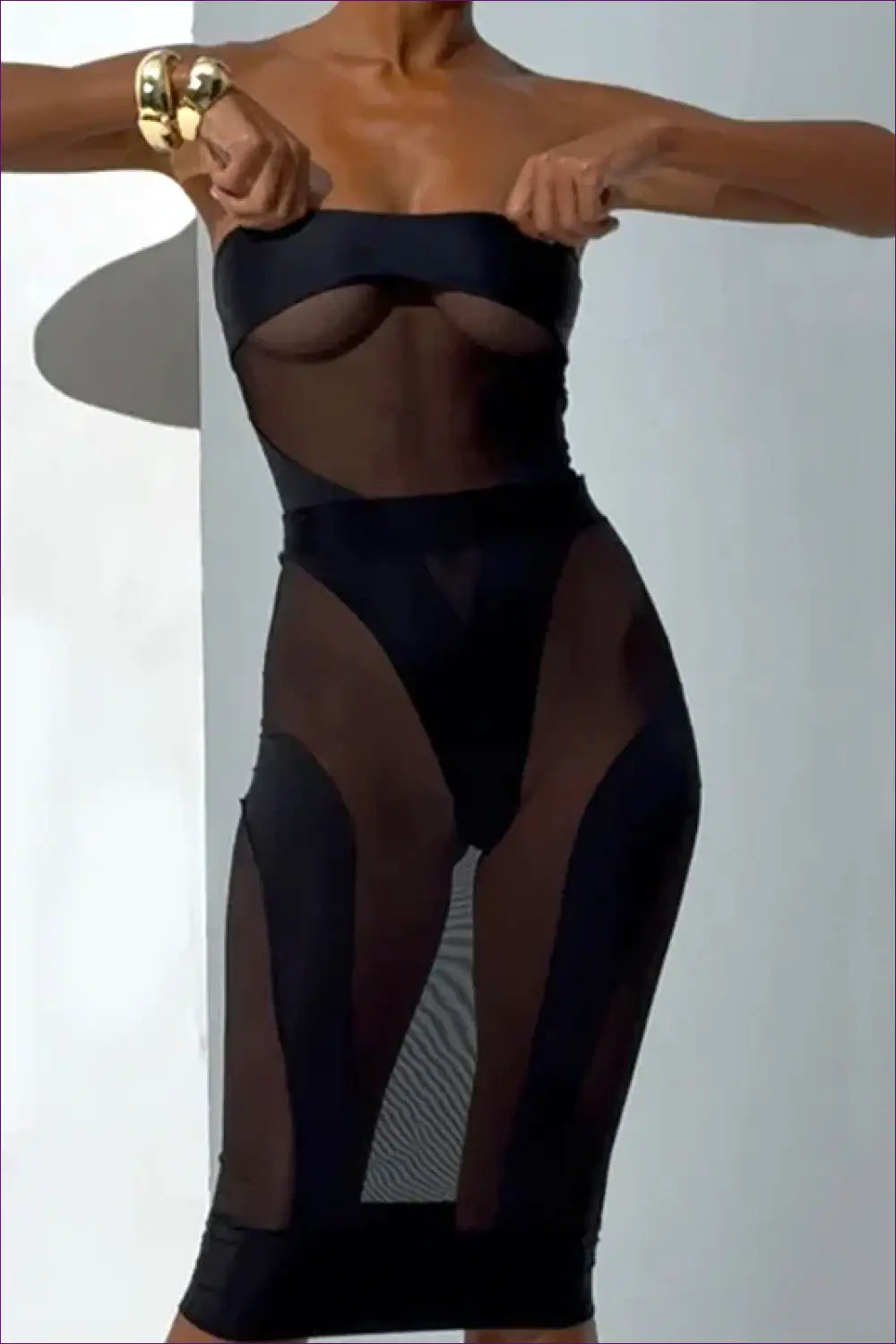 Strapless Mesh Bodysuit with Panel Detail - After-dark Drama - All Season • Bandeau • Bodycon • Boudoir - Lingerie Hut