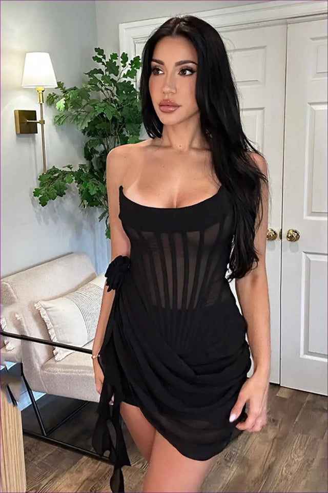 Strapless Mesh Mini Dress - Draped Overlay