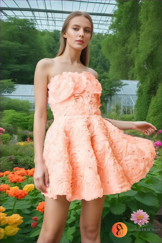 Strapless Mini Dress with Floral Appliqué - Statement Evening Glamour - s / Orange - a Line - Dresses • just in • Party