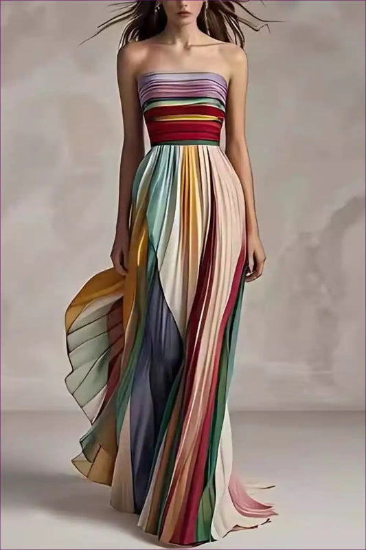Strapless Pleated Maxi Dress with Multicolour Panels - Modern Romance for a Line, Evening Wear, Floral,