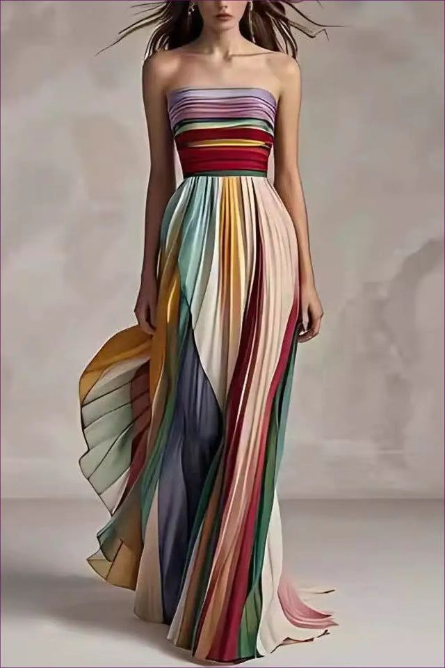Strapless Pleated Maxi Dress with Multicolour Panels - Modern Romance