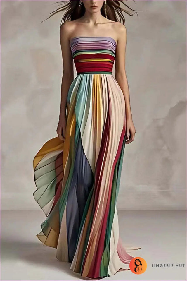 Strapless Pleated Maxi Dress with Multicolour Panels - Modern Romance