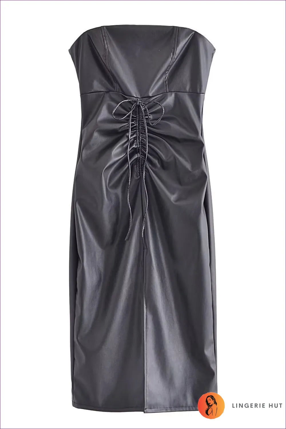 Make a Statement At Your Next Event With Lingerie Hut’s Strapless Ruched Midi Dress. Sleek Faux Leather