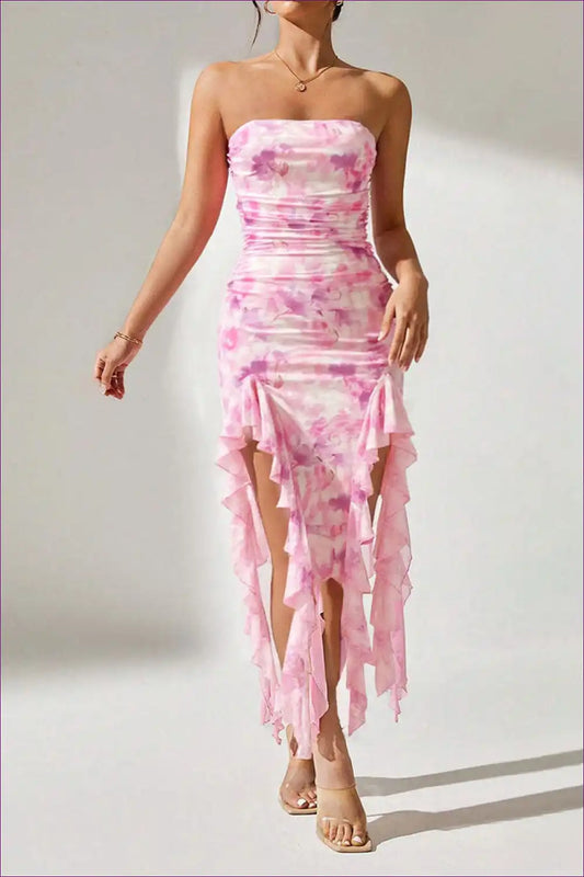 Strapless Ruffle Maxi Dress with Slit – Formal & Sexy