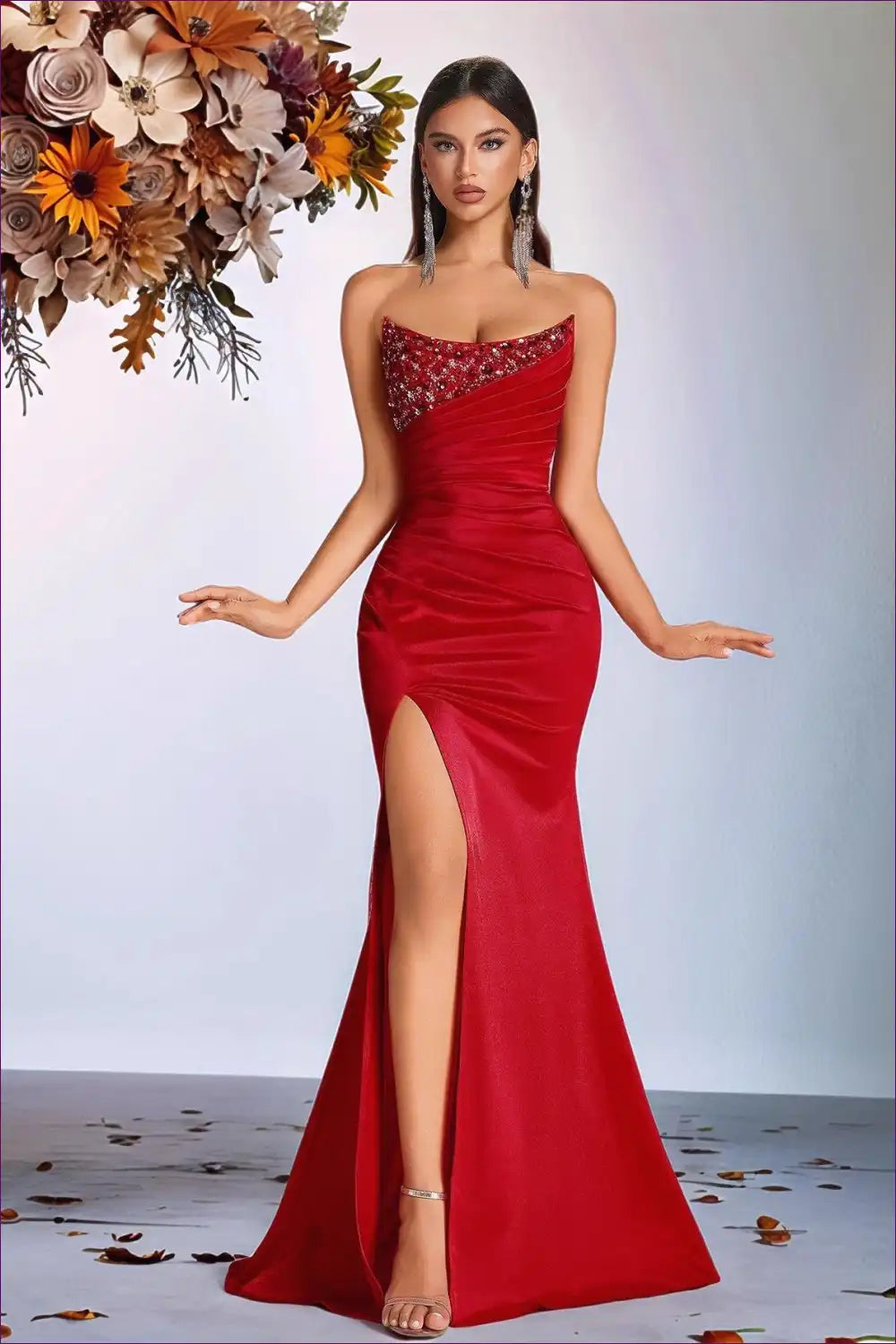 Strapless Sequin Rhinestone Maxi Dress with Side Slit for Cutout, Date Night, Evening Wear, Formal Glamour