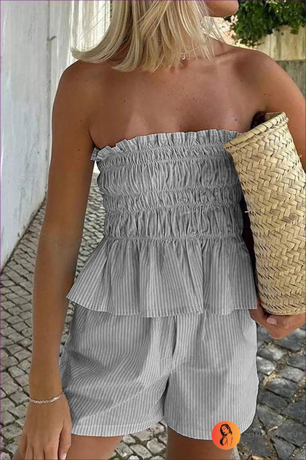 Strapless Set with Ruffle Details - Summer Escape - s / Gray - co Ord - Lingerie Hut - Boho • Casual • Cutout • Everyday