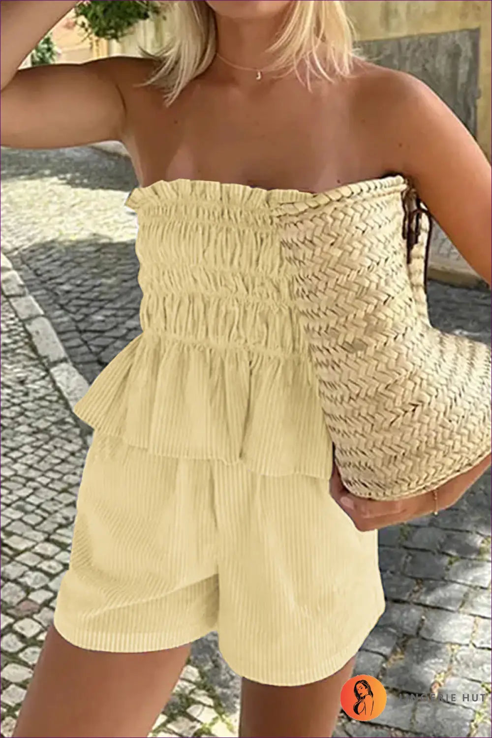 Strapless Set with Ruffle Details - Summer Escape - s / Yellow - co Ord - Lingerie Hut - Boho • Casual • Cutout