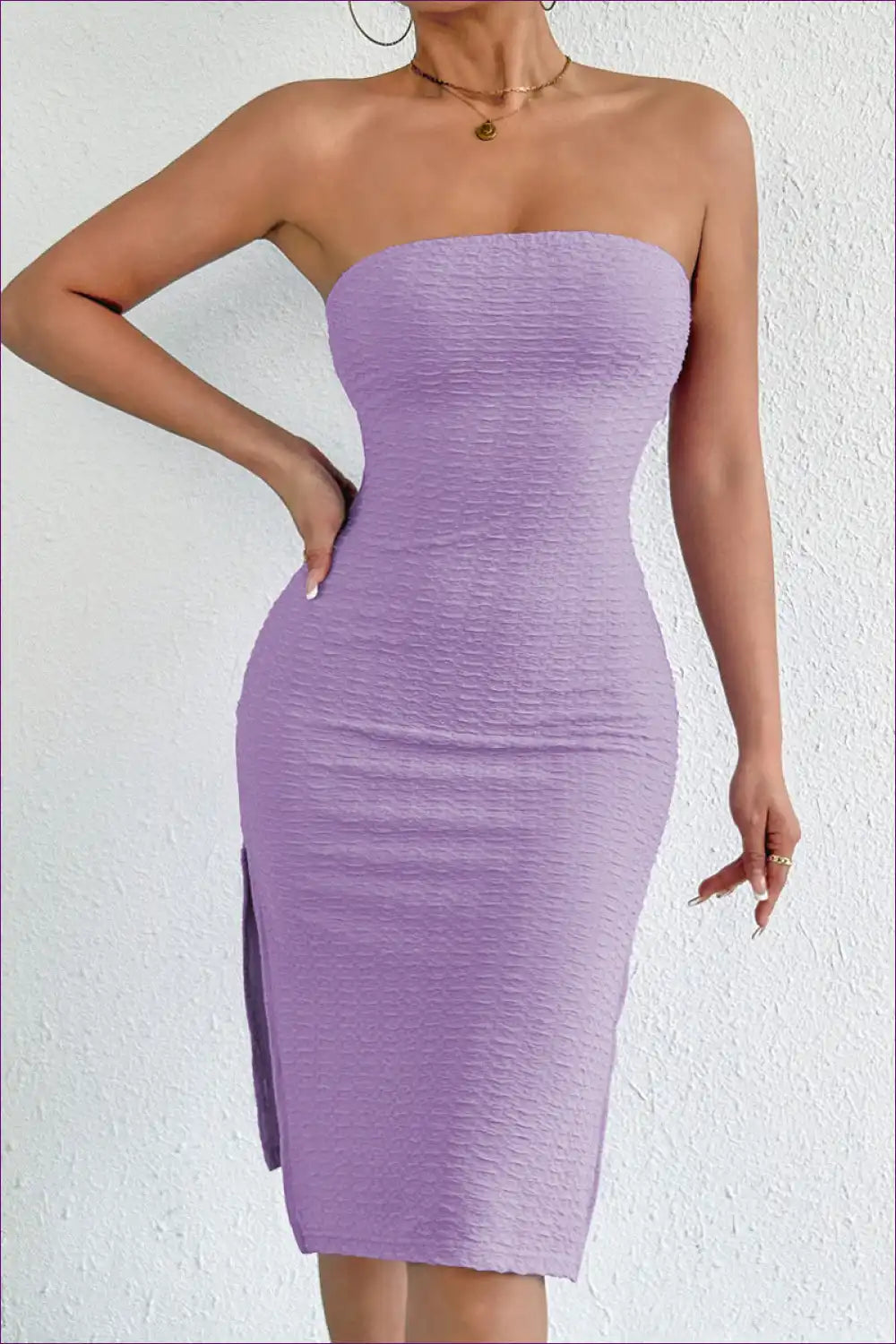 Strapless Sheath Midi Dress with Side Slit Detail for Bodycon, Date Night, Dress, Dresses, Evening Wear