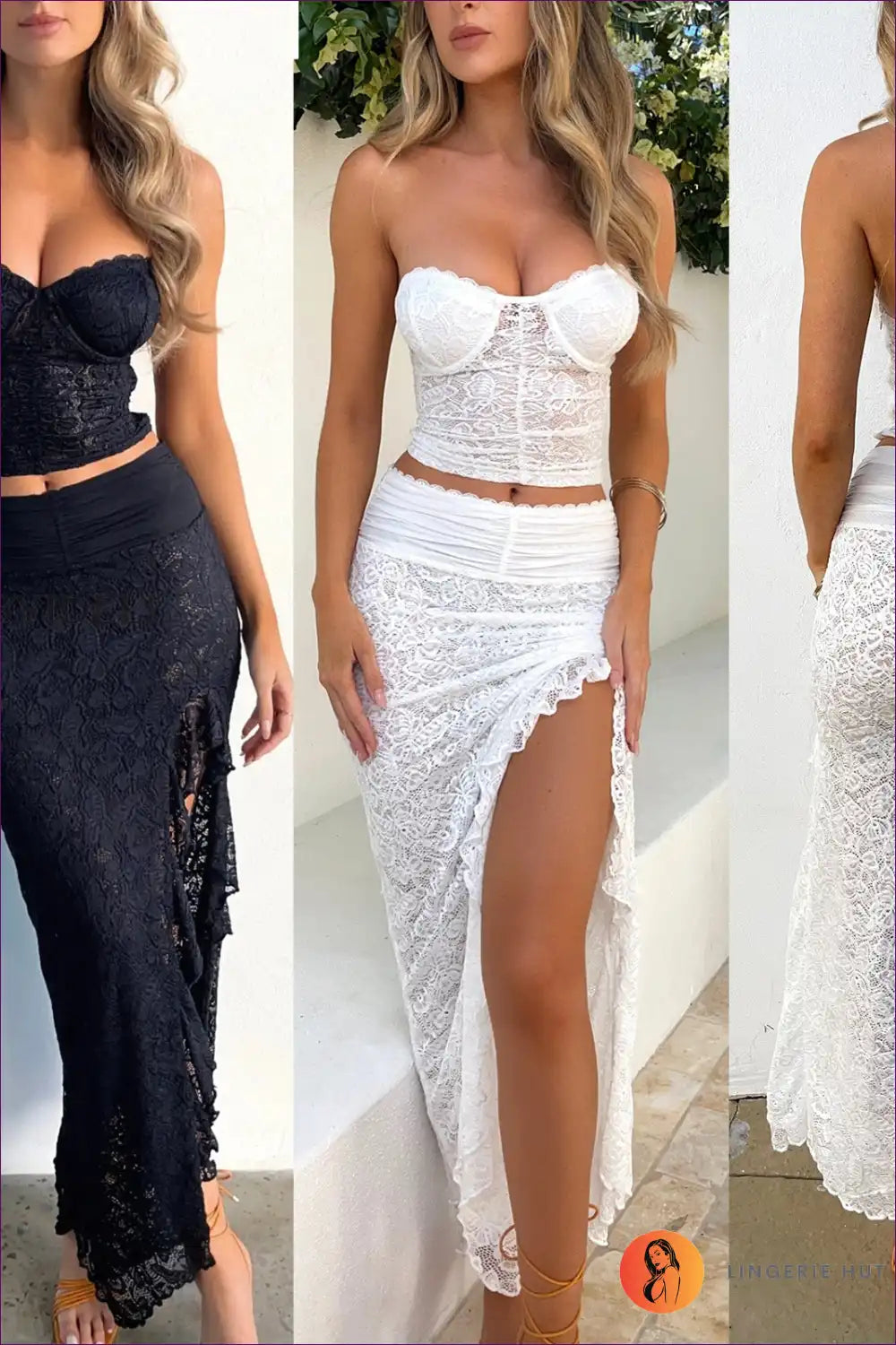 Strapless Two Piece with Lace Skirt - Modern Bridal Romance for All Season, Backless, Bridal, co Ord, Cutout