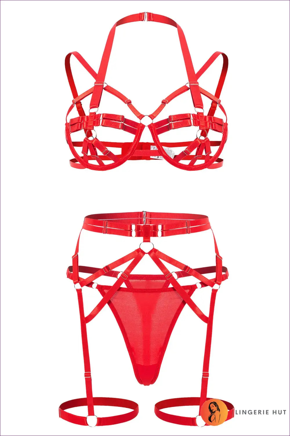 Strappy Bra Set with Garter & Suspender - Bold but Wearable - s / Red - Lingerie - Hut - All Season • Boudoir • Cutout