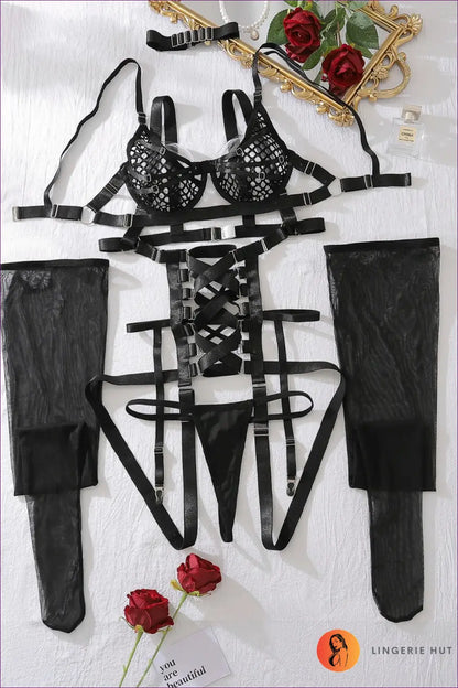Strappy Fishnet Bra Set - Bold Bedroom Drama - Black / s - Lingerie Hut - All Season • Boudoir • Clubwear • Cutout