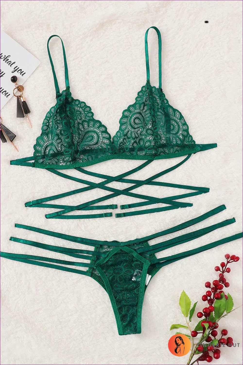 Indulge In Sultry Seduction With Our Strappy Lace Bra Set. Luxurious Lace, Underwired Demi-cup Bra,