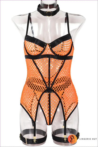 Strappy Mesh Garter Bra Set - the one They’ll Ask About - Orange / s - Lingerie Hut - All Season • Boudoir • Cutout