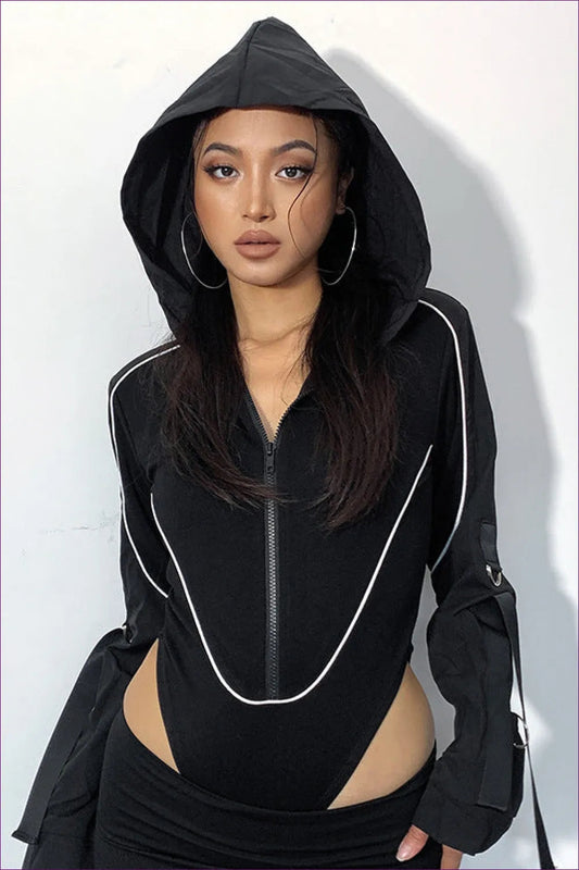 Rev Up Your Style With Our Street Cool Bodysuit. Featuring a Zipper Element And Hooded Neckline, This