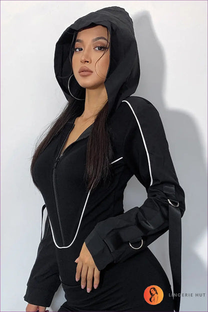 Rev Up Your Style With Our Street Cool Bodysuit. Featuring a Zipper Element And Hooded Neckline, This