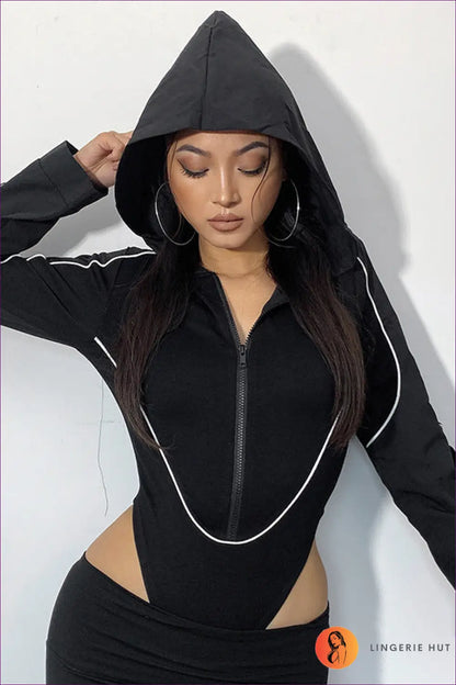 Rev Up Your Style With Our Street Cool Bodysuit. Featuring a Zipper Element And Hooded Neckline, This