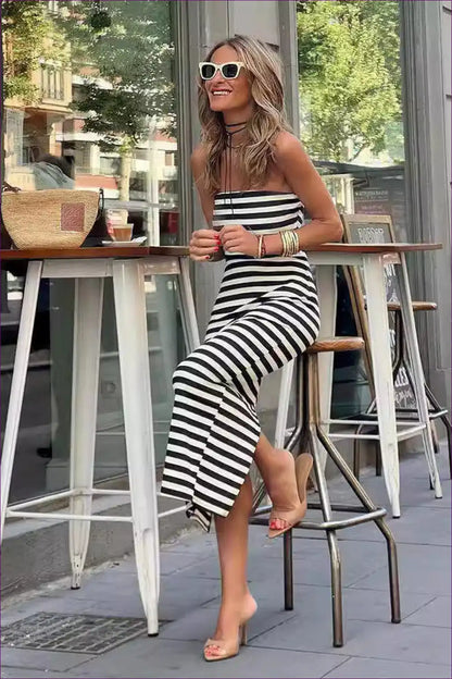 Striped Bandeau Maxi Dress with Side Slit - Urban Summer Cool for Bodycon, Casual, Dress, Everyday,