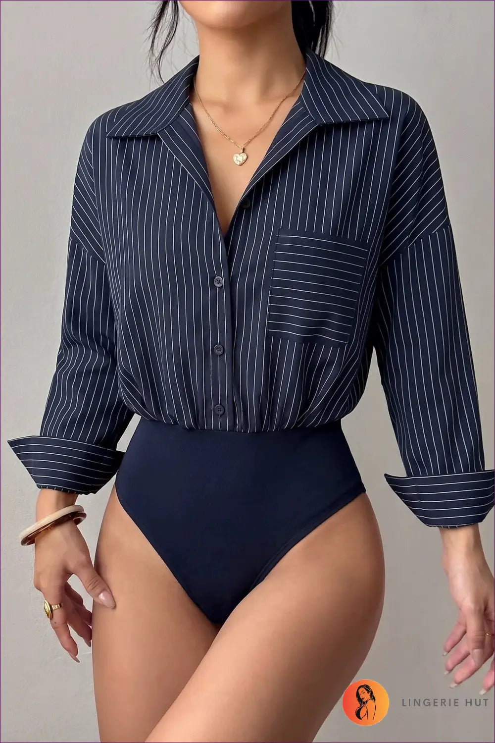 Striped Bodysuit with Chest Pocket Detail - Effortless Chic - Tops - Everyday • just in • Polyester • Top - Lingerie Hut