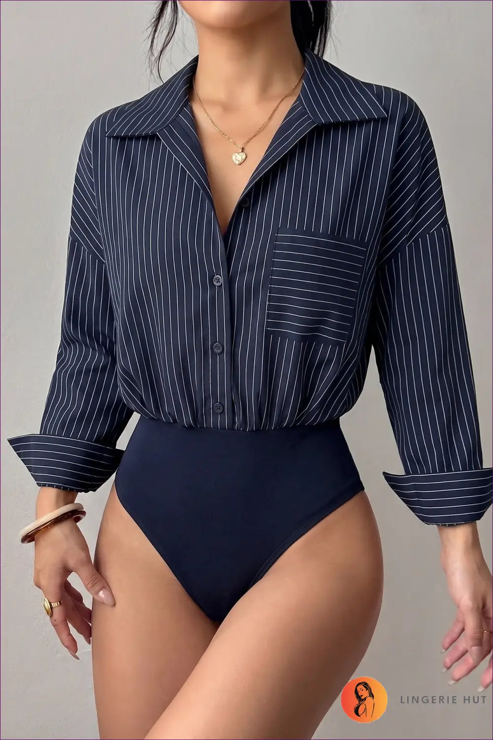 Striped Bodysuit with Chest Pocket Detail - Effortless Chic - s / Navy Blue - Tops - Everyday • just in • Polyester