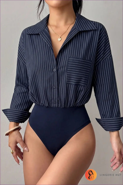 Striped Bodysuit with Chest Pocket Detail - Effortless Chic - s / Navy Blue - Tops - Everyday • just in • Polyester