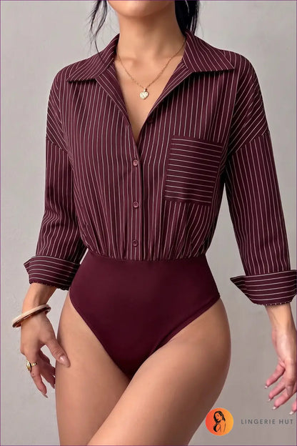 Striped Bodysuit with Chest Pocket Detail - Effortless Chic - Tops - Everyday • just in • Polyester • Top - Lingerie Hut
