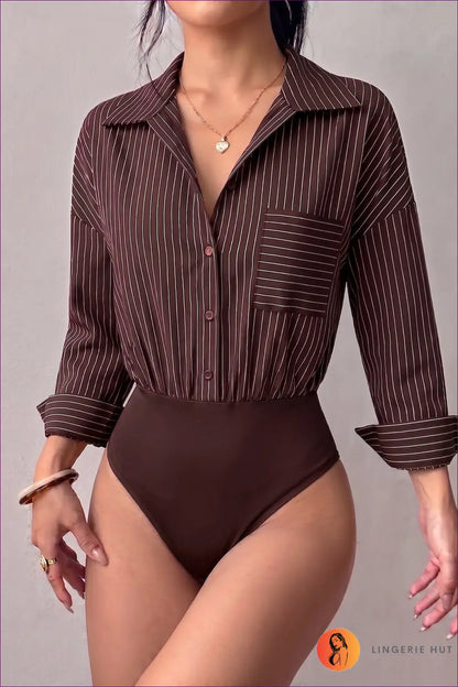 Striped Bodysuit with Chest Pocket Detail - Effortless Chic - s / Coffee - Tops - Everyday • just in • Polyester • Top